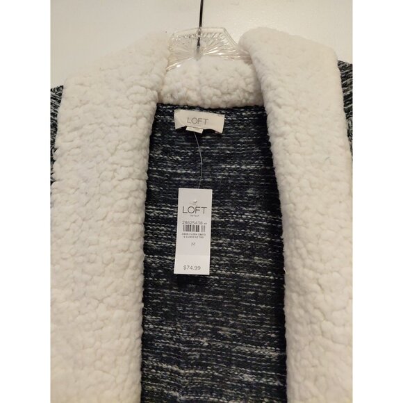New Ann Taylor Loft Women's Sweater Cardigan Sherpa Trim Pockets Gray Ivory Med - Picture 2 of 7